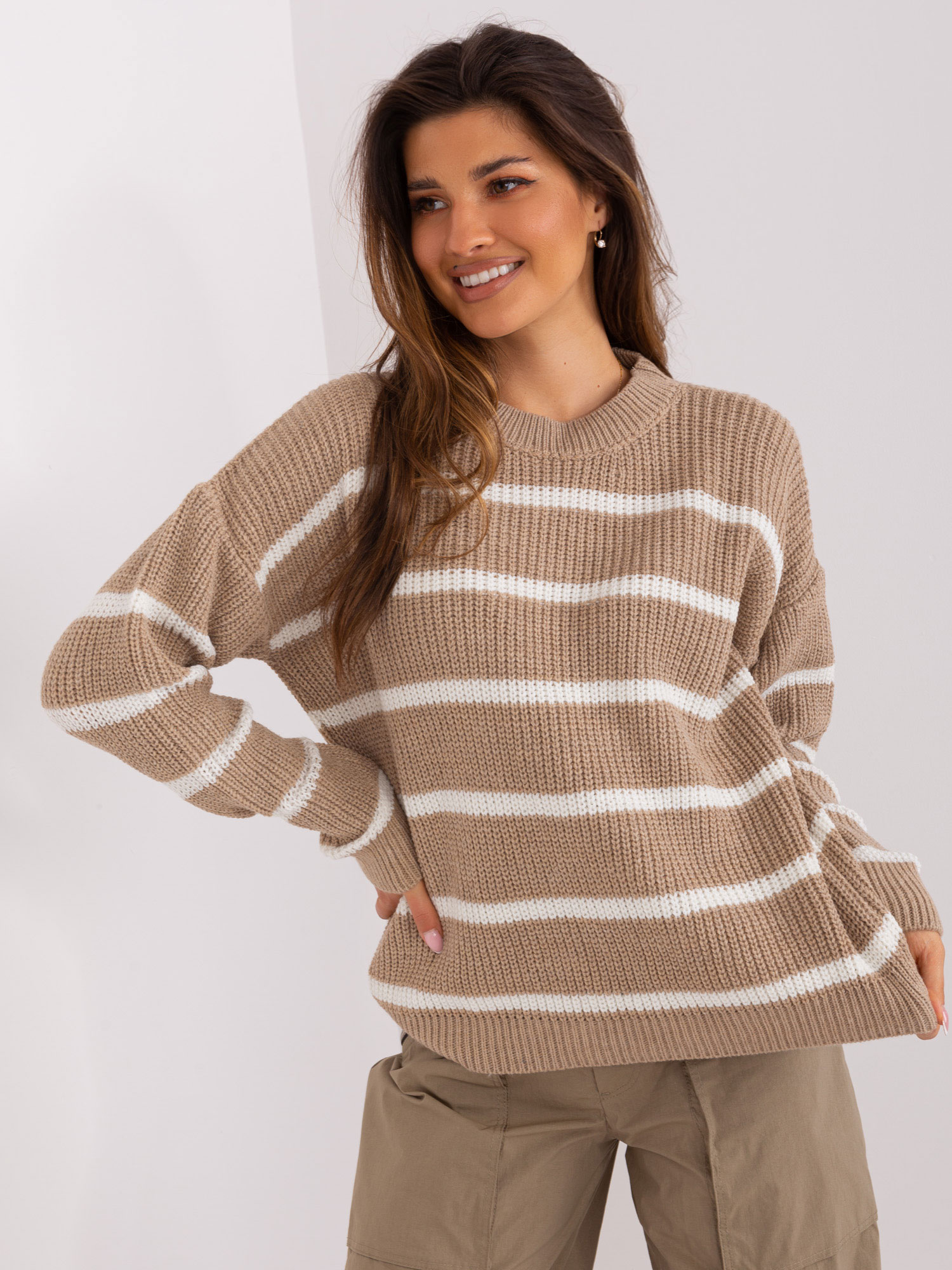 Sweter w paski Mona beżowy zdjęcie 1